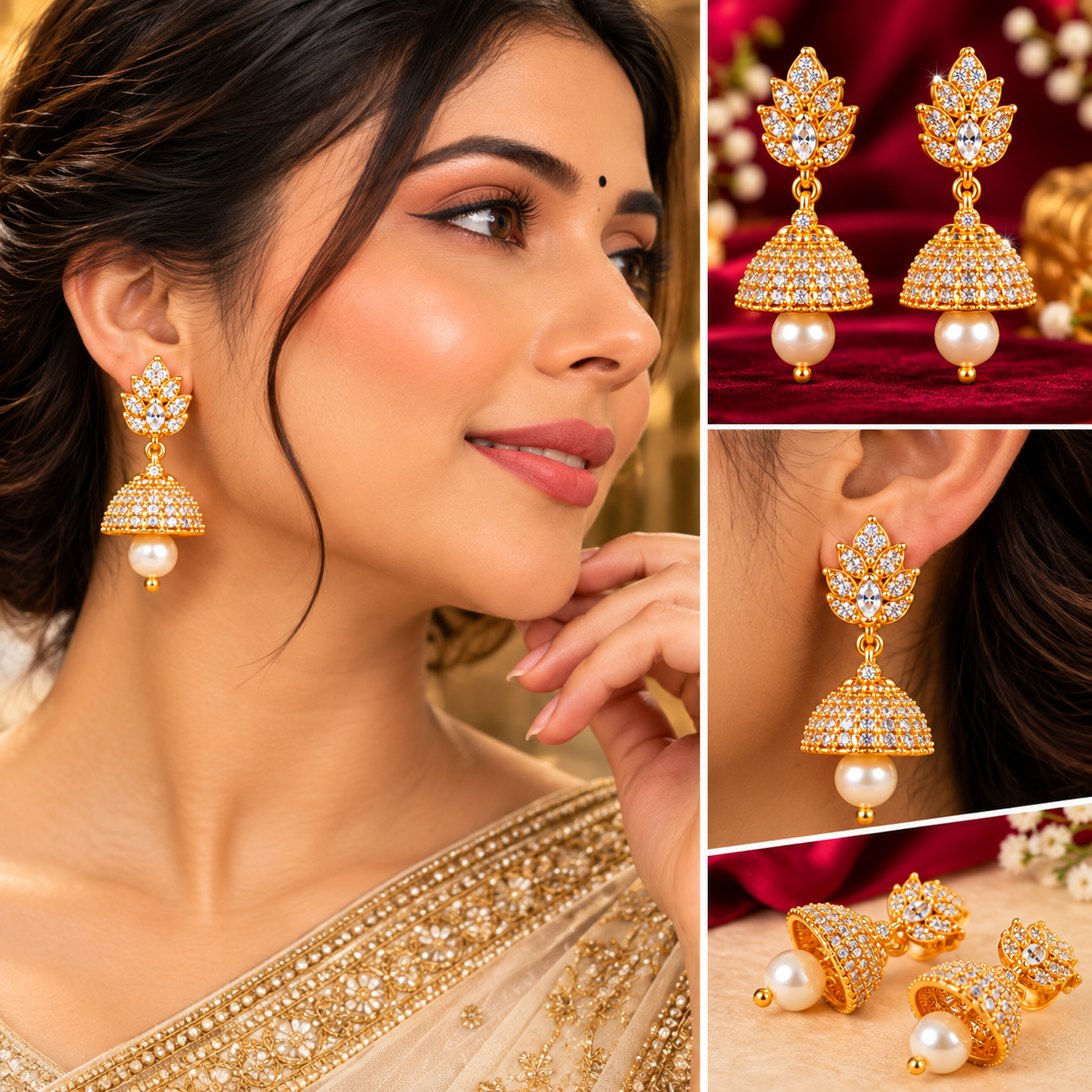 Royal Leaf CZ Pearl Gold Jhumka Earrings